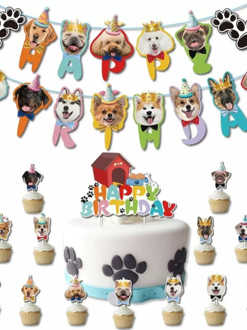 Dog Birthday Letter Banner & Cupcake Toppers Set – Pet Party Decorations